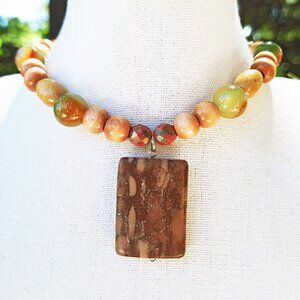 Chunky Wood Beaded Pendant Choker, Summer Festival Choker, Hippie Statement